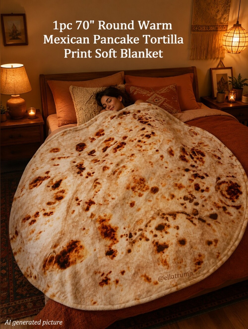 1pc 70" Round Warm Mexican Pancake Tortilla Print Soft Blanket New!
